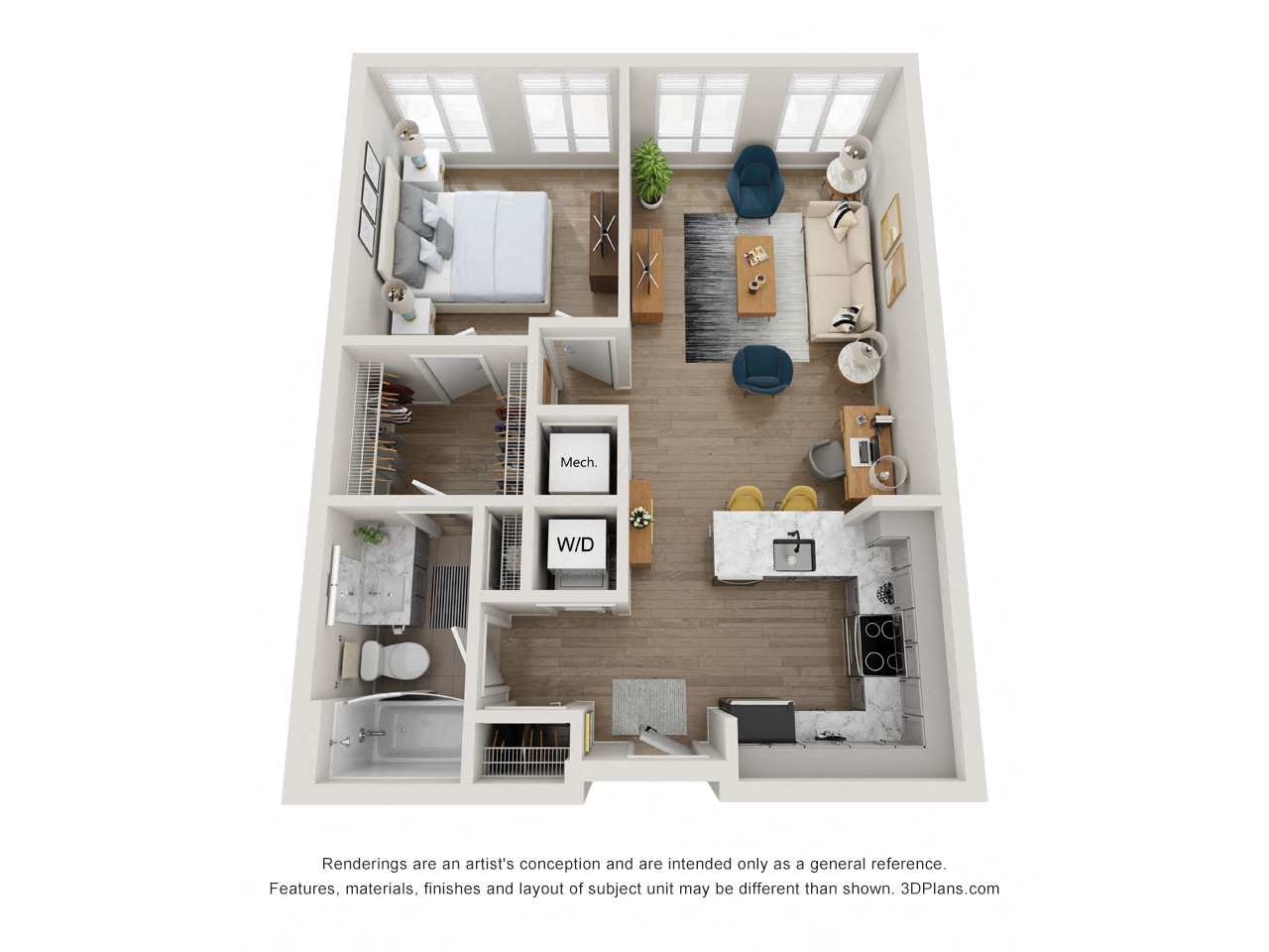 Floor plan for 1 bed, 1 bath, 674 sqft